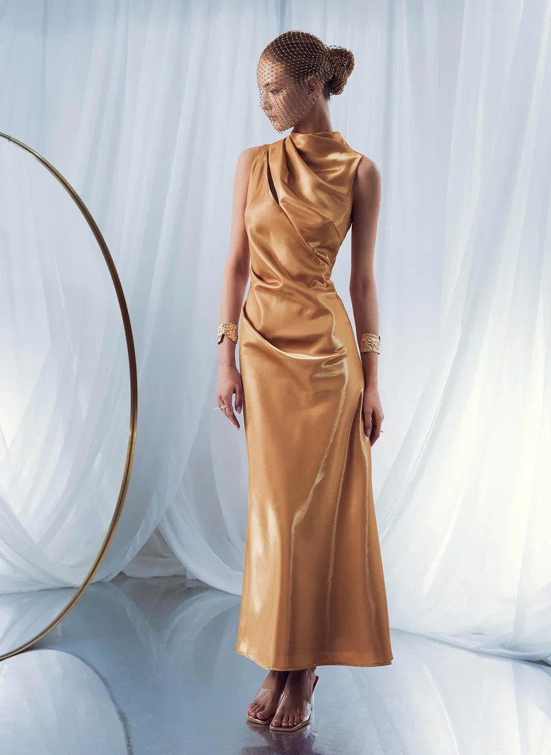 Lichi Glossy fabric maxi dress with asymmetrical draperies