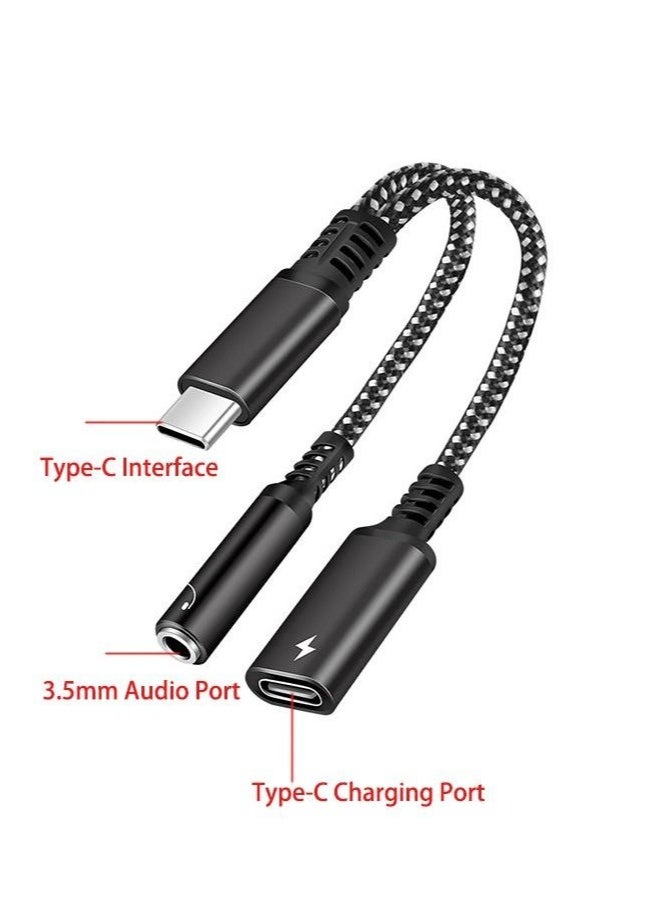2-in-1 Type-c Braided Adapter Cable, 3.5mm Headphone Audio Converter Cable, Type C Cable with PD 60W Fast Charging, Type-c Port Compatible with Huawei, Samsung, Xiaomi, Notebook Computer (Black) - Image 2