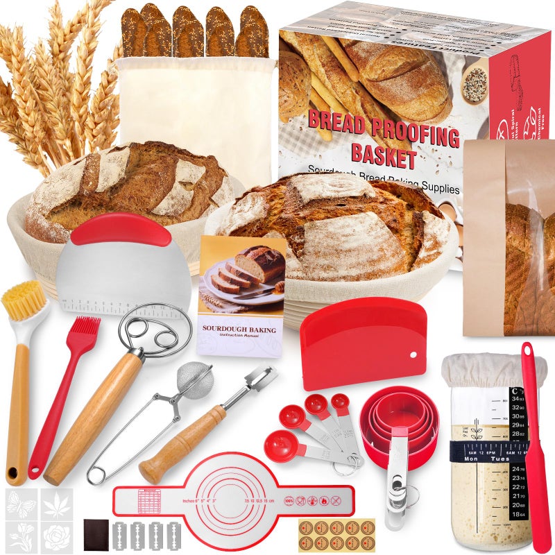 EWFEN Sourdough Starter Kit with Round & Oval Banneton, Complete Sourdough Bread Baking Supplies, Bread Proofing Basket with Starter Jar, Bread Making Tools Kit for Beginners & Bakers - Image 1
