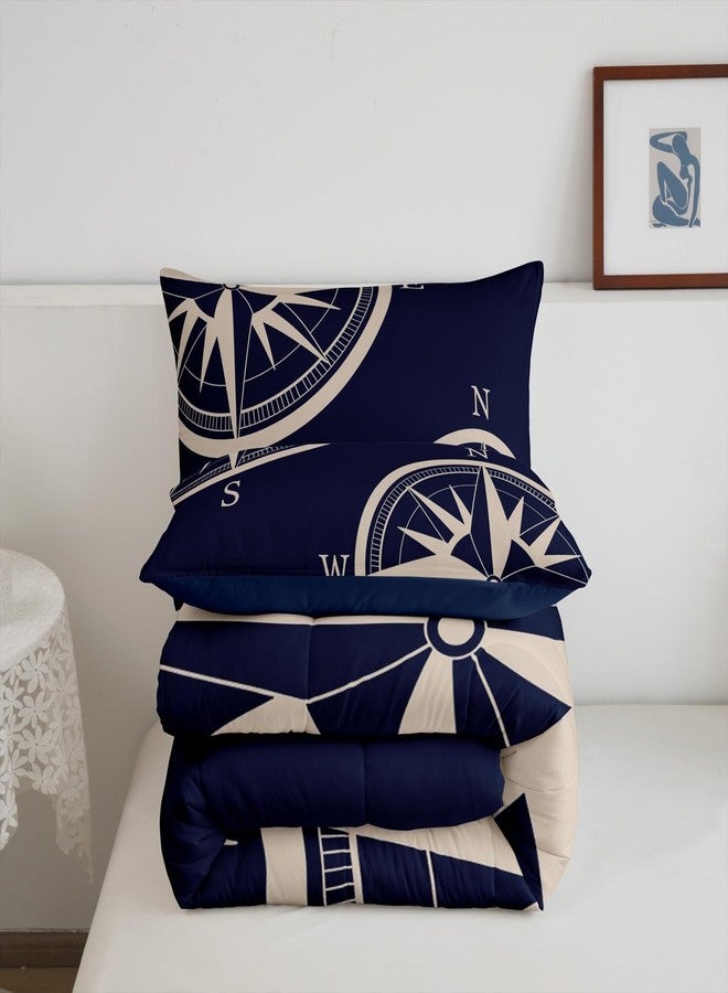 Castle Fairy Navy Blue Compass Comforter Set Queen Size 3 Pcs Sailing Nautical Theme Simple Style Bedding Set for Kids Teens Adults Retro Geometric Circles Plaid Quilted Comforter with 2 Pillowcases - Image 5