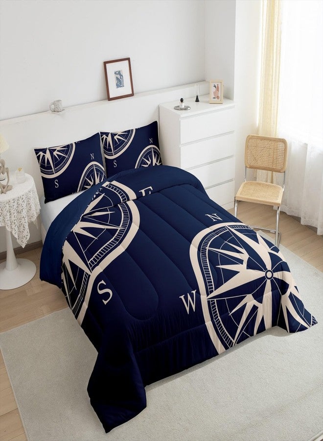 Castle Fairy Navy Blue Compass Comforter Set Queen Size 3 Pcs Sailing Nautical Theme Simple Style Bedding Set for Kids Teens Adults Retro Geometric Circles Plaid Quilted Comforter with 2 Pillowcases - Image 4
