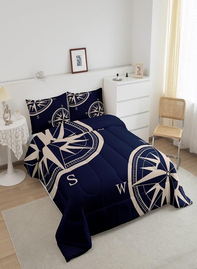Castle Fairy Navy Blue Compass Comforter Set Queen Size 3 Pcs Sailing Nautical Theme Simple Style Bedding Set for Kids Teens Adults Retro Geometric Circles Plaid Quilted Comforter with 2 Pillowcases - Image 2