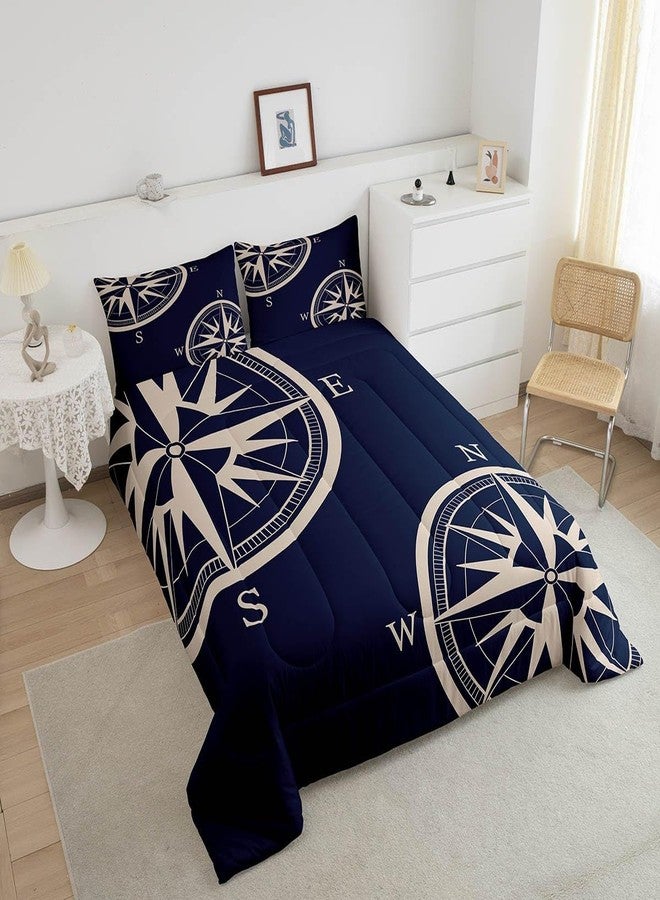 Castle Fairy Navy Blue Compass Comforter Set Queen Size 3 Pcs Sailing Nautical Theme Simple Style Bedding Set for Kids Teens Adults Retro Geometric Circles Plaid Quilted Comforter with 2 Pillowcases - Image 3