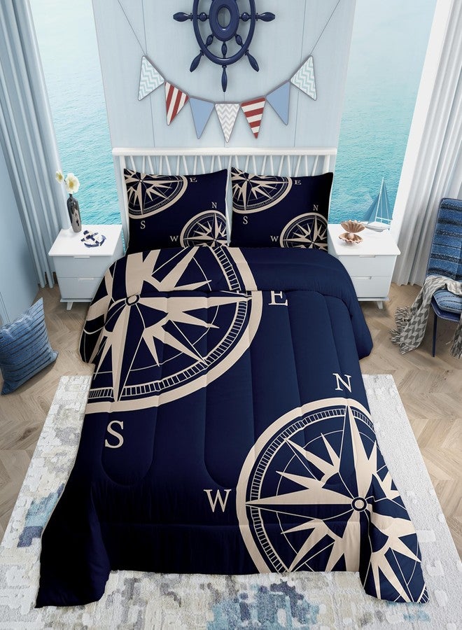Castle Fairy Navy Blue Compass Comforter Set Queen Size 3 Pcs Sailing Nautical Theme Simple Style Bedding Set for Kids Teens Adults Retro Geometric Circles Plaid Quilted Comforter with 2 Pillowcases - Image 1