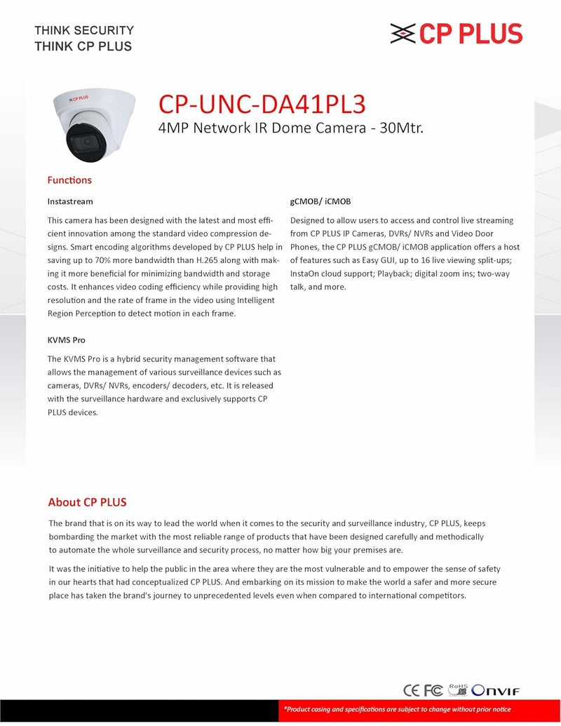 CP PLUS كاميرا دومية بدقة 4 ميجابكسل كاملة الوضوح IR من CP PLUS CP-UNC-DS41PL3 - 30 متر - Image 3