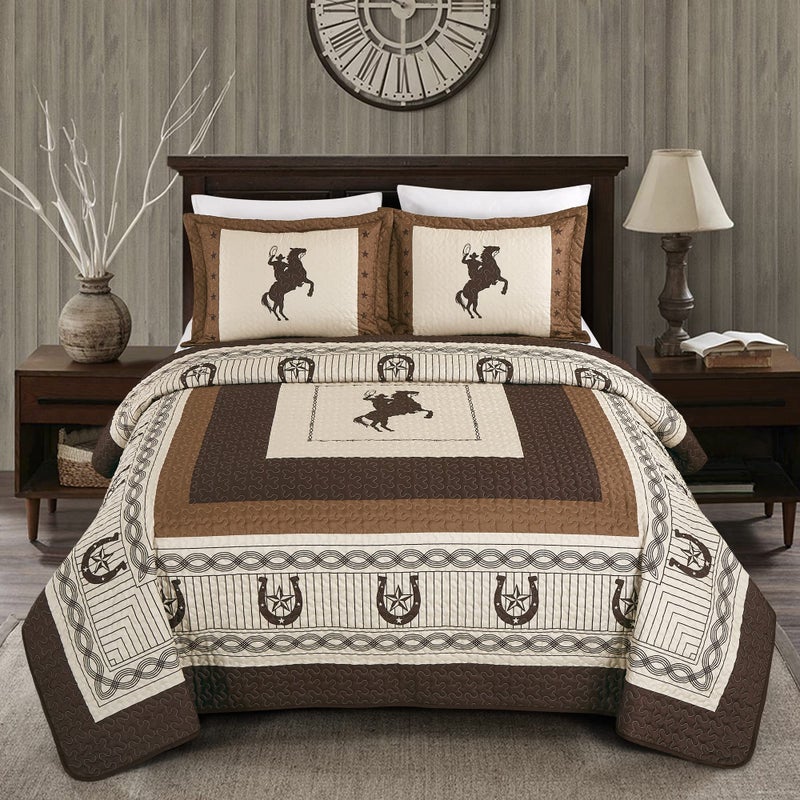 Sapphire Home Luxury 3Piece Quilt Bedspread Set  Western Design Collection  Wild Horse CountryHorseshoeStarCowboySouthwestern BlueTayler Design wPillow Sham  King Size Beige Brown