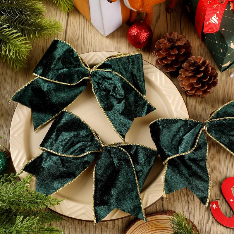 Panelee 12 Pcs Sage Green Velvet Christmas Bows 6 x 6 in Wreath Bow Christmas Tree Decorations Ornaments for Hanukkah Xmas Tree Topper Wreath Garland Party Gift Wrapping DIY Decor - Image 3