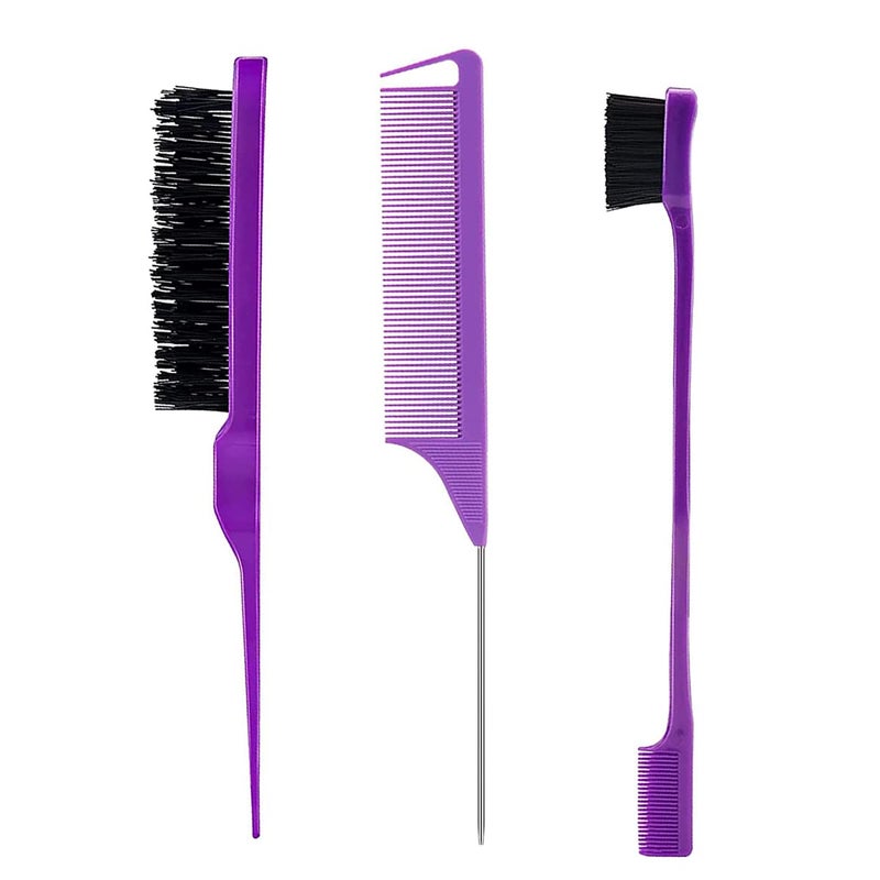 Goiple 3 Pieces Hair Styling Comb Set Teasing Hair Brush Rat Tail Comb Edge Brush for EdgeBack Brushing Combing Slicking Hair for Women Purple