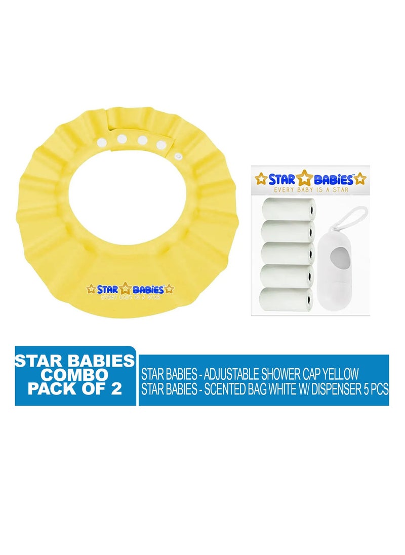 STAR BABiES Star Babies - Combo Pack of 2- Adjustable Shower Cap with Scented Bag (5 Pcs w/Dispenser) - Yellow/White  - Image 2