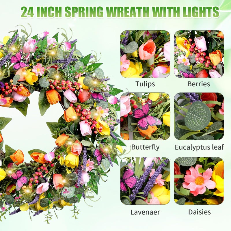 Mapaim 24 Inch Spring Wreaths for Front Door, Artificial Tulip Wreath with Lights & Butterflies, Spring Summer Easter Wreath for Indoor Outdoor Decor - Image 3