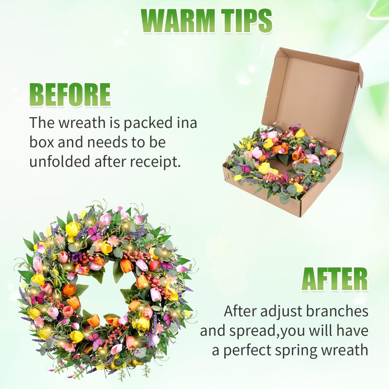 Mapaim 24 Inch Spring Wreaths for Front Door, Artificial Tulip Wreath with Lights & Butterflies, Spring Summer Easter Wreath for Indoor Outdoor Decor - Image 4