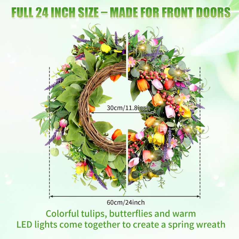 Mapaim 24 Inch Spring Wreaths for Front Door, Artificial Tulip Wreath with Lights & Butterflies, Spring Summer Easter Wreath for Indoor Outdoor Decor - Image 2