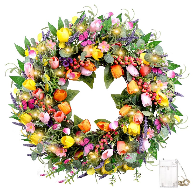 Mapaim 24 Inch Spring Wreaths for Front Door, Artificial Tulip Wreath with Lights & Butterflies, Spring Summer Easter Wreath for Indoor Outdoor Decor - Image 1
