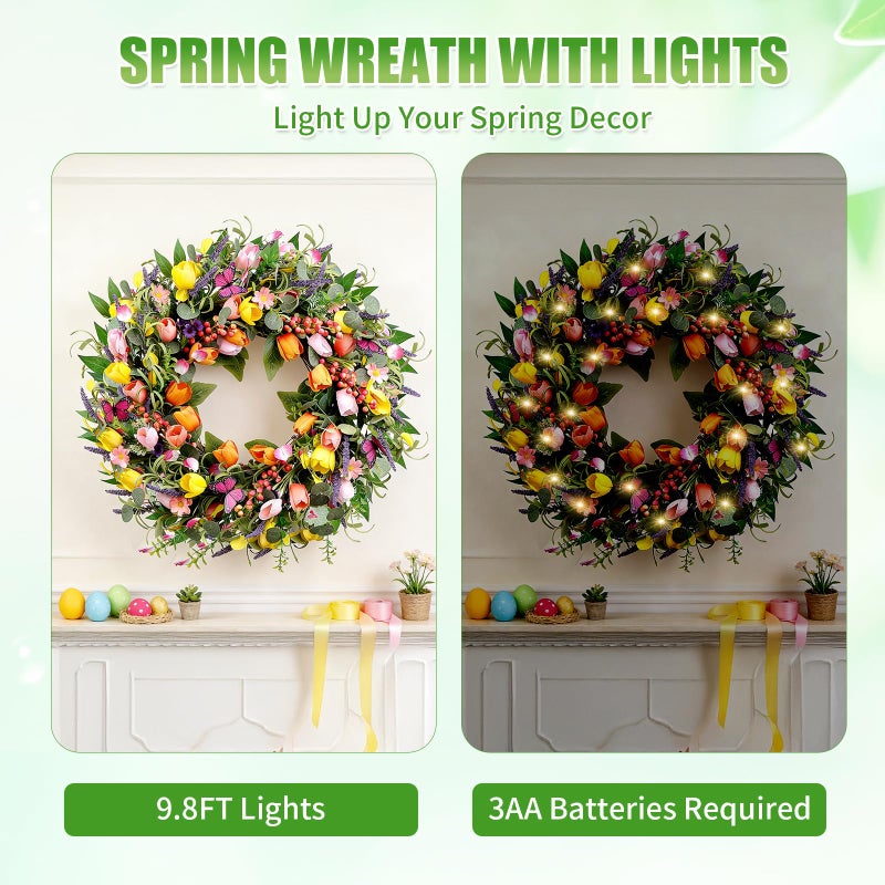 Mapaim 24 Inch Spring Wreaths for Front Door, Artificial Tulip Wreath with Lights & Butterflies, Spring Summer Easter Wreath for Indoor Outdoor Decor - Image 5