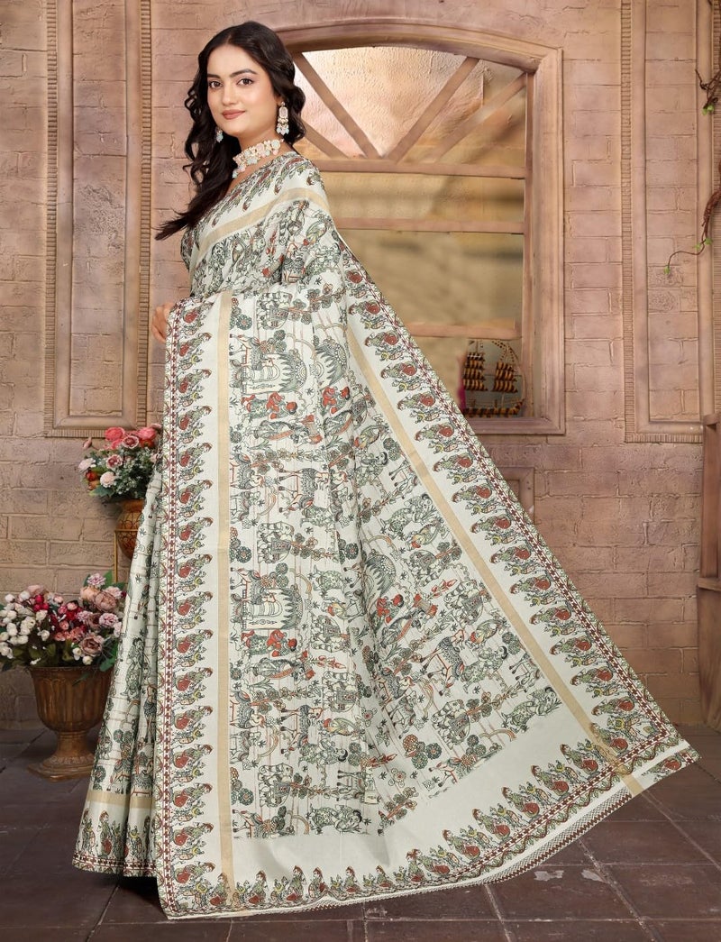C J Enterprise Women’s Pure Soft Cotton Saree Linen For Kalamkari Silk Sarees Latest Party Design Wear Wedding Sadi With Blouse Piece Sari South Mul Print 2025 New (Linen Cotton) (Cream) - Image 2