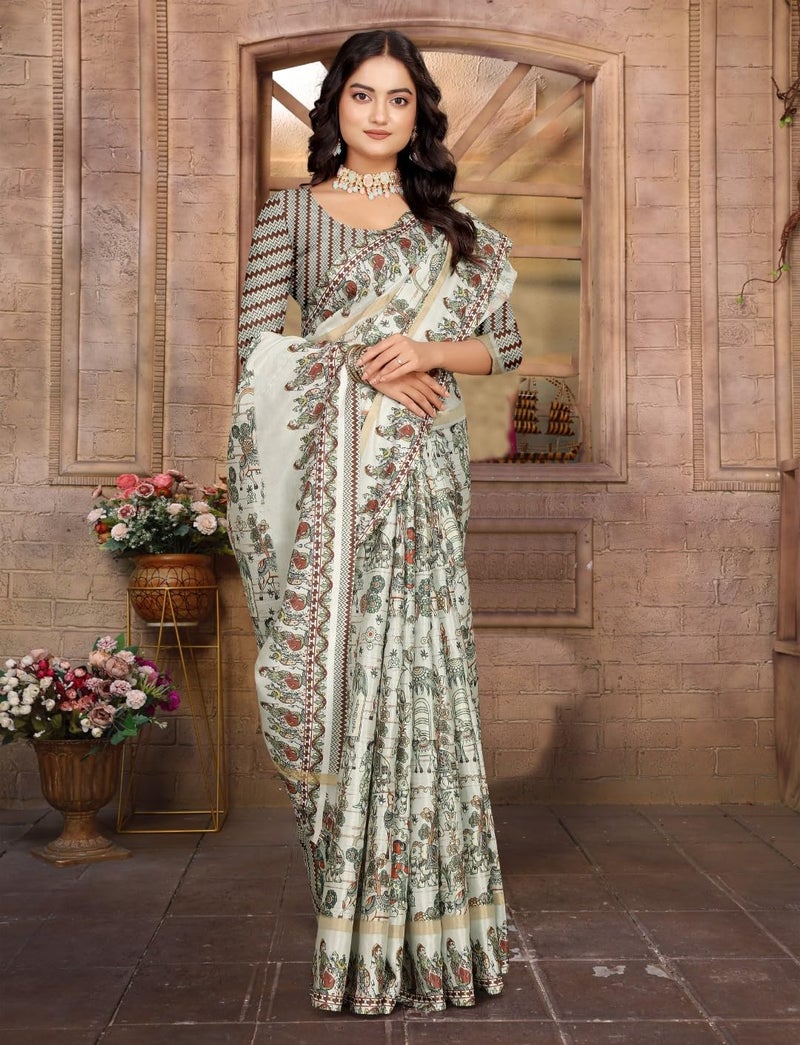 C J Enterprise Women’s Pure Soft Cotton Saree Linen For Kalamkari Silk Sarees Latest Party Design Wear Wedding Sadi With Blouse Piece Sari South Mul Print 2025 New (Linen Cotton) (Cream) - Image 5