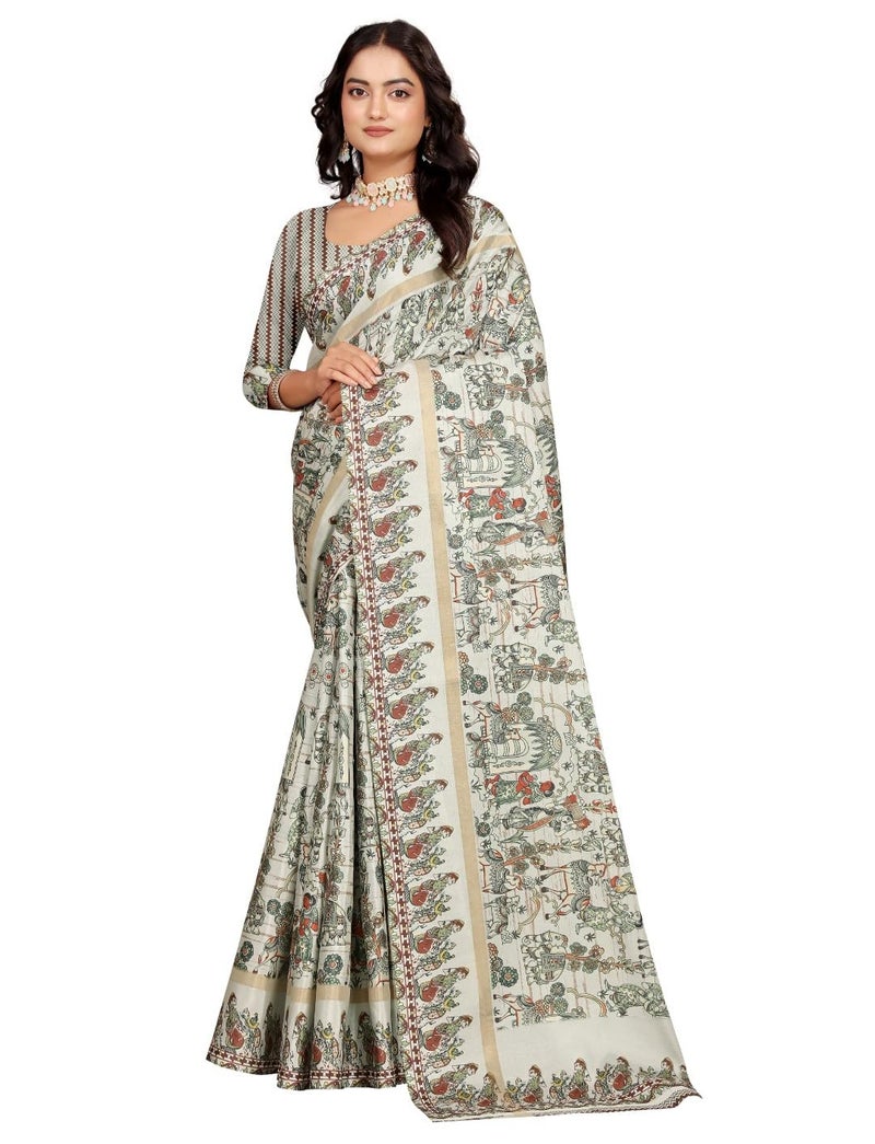 C J Enterprise Women’s Pure Soft Cotton Saree Linen For Kalamkari Silk Sarees Latest Party Design Wear Wedding Sadi With Blouse Piece Sari South Mul Print 2025 New (Linen Cotton) (Cream) - Image 1