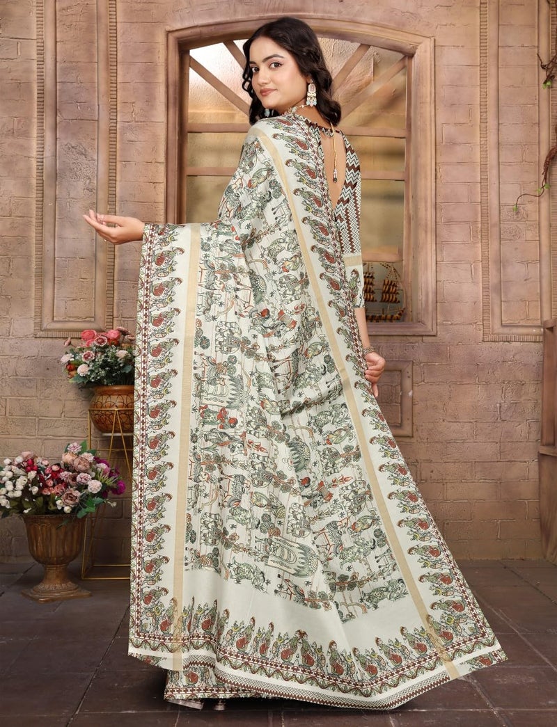 C J Enterprise Women’s Pure Soft Cotton Saree Linen For Kalamkari Silk Sarees Latest Party Design Wear Wedding Sadi With Blouse Piece Sari South Mul Print 2025 New (Linen Cotton) (Cream) - Image 4