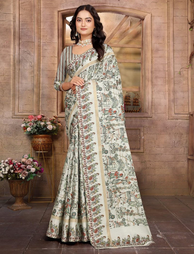 C J Enterprise Women’s Pure Soft Cotton Saree Linen For Kalamkari Silk Sarees Latest Party Design Wear Wedding Sadi With Blouse Piece Sari South Mul Print 2025 New (Linen Cotton) (Cream) - Image 3