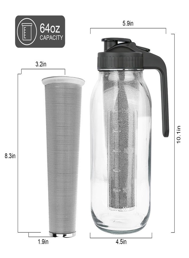 QHH Cold Brew Coffee Maker,64 oz Mason Jar Pitcher with Stainless Steel Filter, Pour Spout Handle Lid, Heavy Duty Glass Airtight & Leak-Proof for Iced Coffee,Tea & Lemonade - Image 2