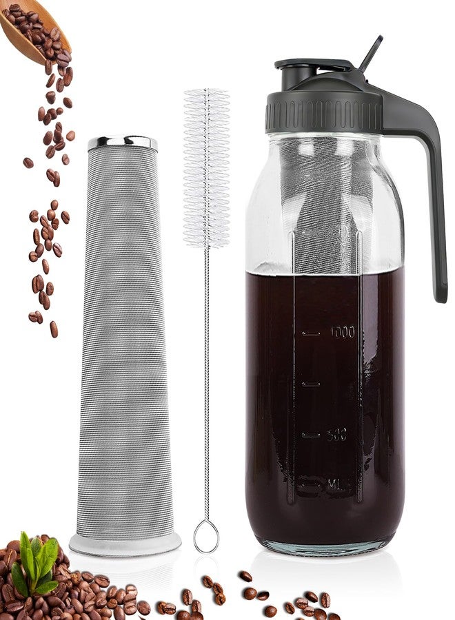 QHH Cold Brew Coffee Maker,64 oz Mason Jar Pitcher with Stainless Steel Filter, Pour Spout Handle Lid, Heavy Duty Glass Airtight & Leak-Proof for Iced Coffee,Tea & Lemonade - Image 1