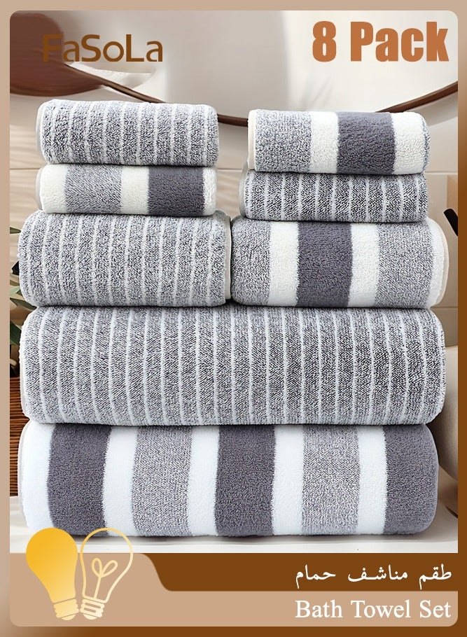 Fasola 8 Piece Bath Towel Set, Bathroom Towels including 4 Face Towels and 2 Hand Towels, Soft Coral Fleece Towels, Quick Dry Towel Set for Home and Gym (Grey) - Image 1