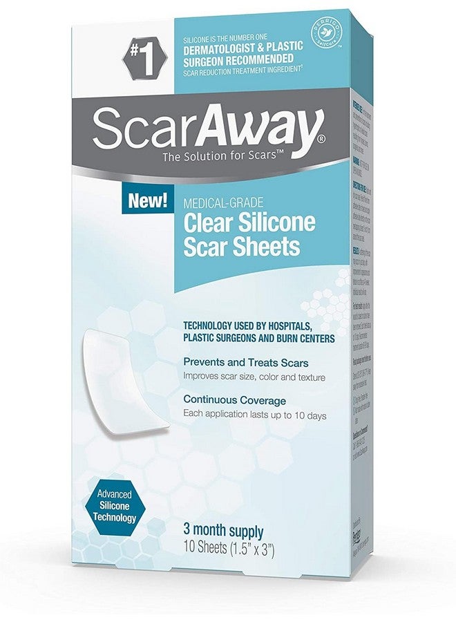 scaraway Advanced Clear Silicone Scar Sheets, Medical Grade Silicone Strips (1.5" X 3") Scar Treatment And Prevention For Surgical, Burn, Body, Hypertrophic & Keloid Scar Treatment, 10 Clear Sheets - Image 1