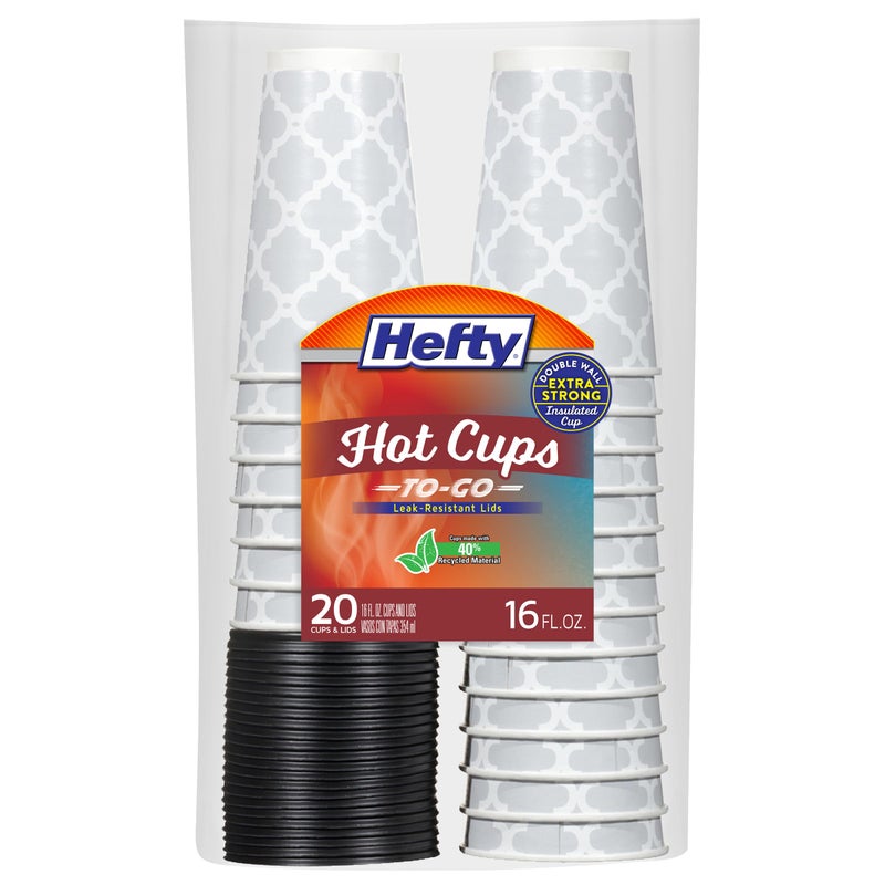 Hefty Paper Disposable Hot Cups with Lids  Leak-Resistant Disposable Coffee Cups  Double Insulated To Help Prevent Burning  Tight-Fitting Lid Helps Prevent Sloshing and Spills  16 Ounce  20 Count - Image 1