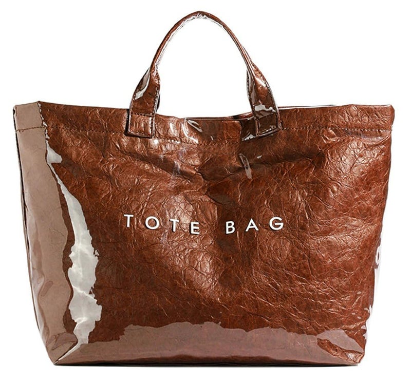 Lushandy PVC Tote Bag Women's Plastic Tote Purse Large Letters Print Hobo Handbag for Work, Beach, Gift (Mocha) - Image 1