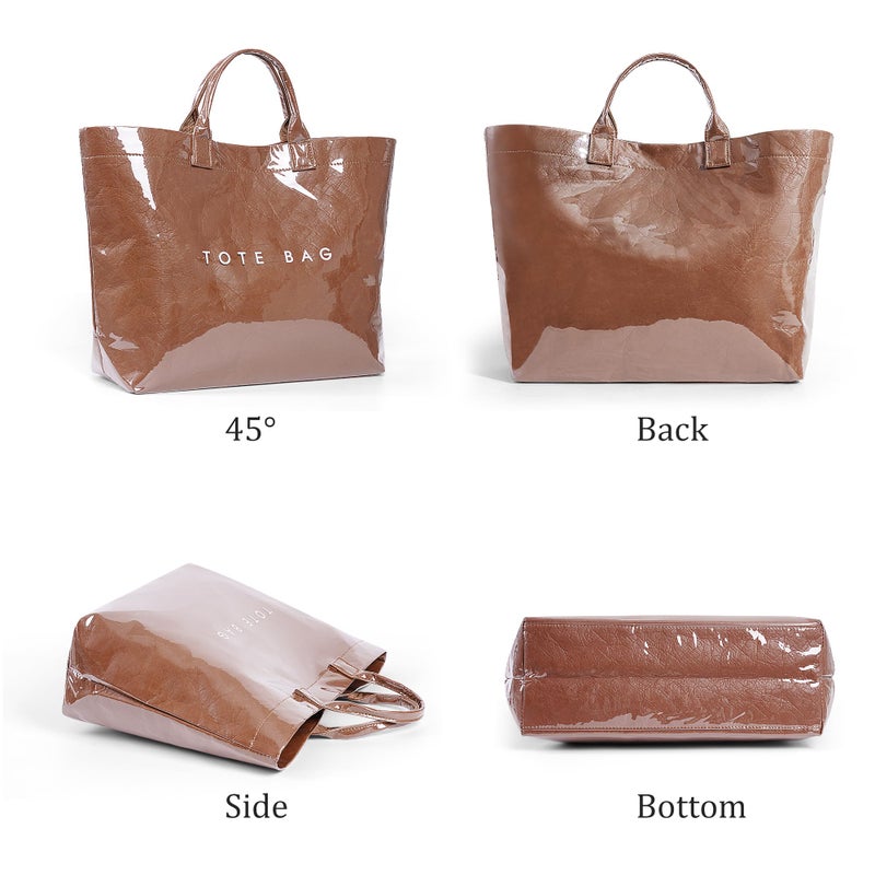 Lushandy PVC Tote Bag Women's Plastic Tote Purse Large Letters Print Hobo Handbag for Work, Beach, Gift (Mocha) - Image 5