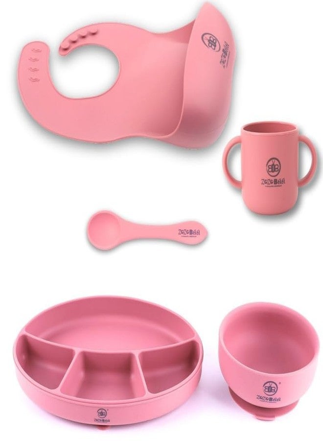 ZoZoBaa Silicone Feeding Set Including Baby Bib,Long Spoon,Open Handle Cup, Suction Base Oval Plate & Bowl for Toddler |Solid Cutlery Set|Easy Wipe Clean|Baby Weaning Sets (5 Pc), [Dark Red] - Image 1