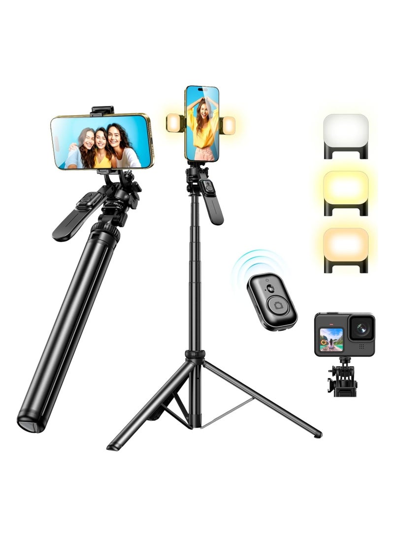 2m Mobile Phone Tripod Stand with Remote Control & 2 Lights – 360° Rotating Selfie Stick Tripod for iPhone, Android, GoPro & Cameras - Image 1