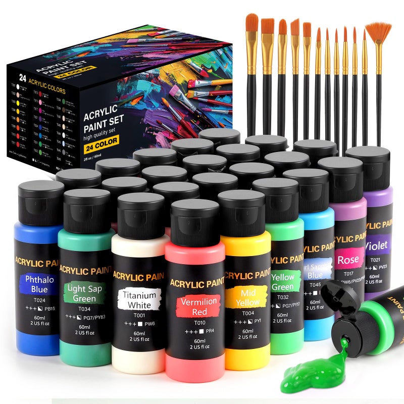 TMOL Acrylic Paint Set, 24 Colors (2 oz/Bottle) with 12 Art Brushes, Art Supplies for Painting Canvas, Wood, Ceramic & Fabric, Rich Pigments Lasting Quality for Beginners, Students & Professional Artist - Image 1