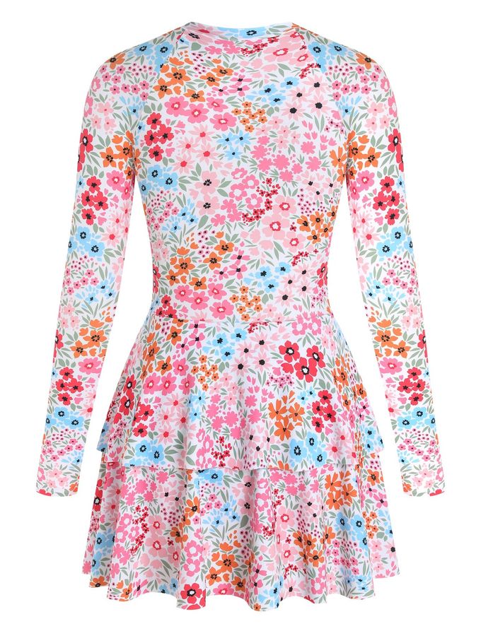 ZAFUL Women'S One Piece Rash Guard Long Sleeve Modest Swimsuits Dress Zipper Bathing Suit Swimskirt 0-Pink Flowers M - Image 3