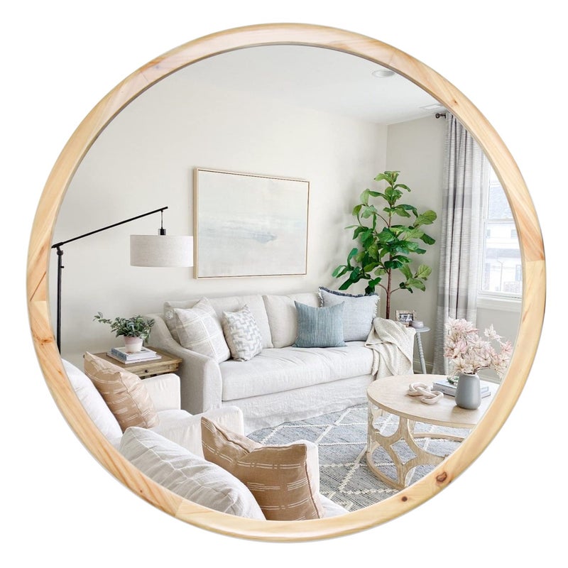 GLCS GLAUCUS Circle Wooden Wall Mirror36 inch Round Natural Wood Mirror Large Rustic Farmhouse Decor Mirror for The Living RoomBathroomBedroom