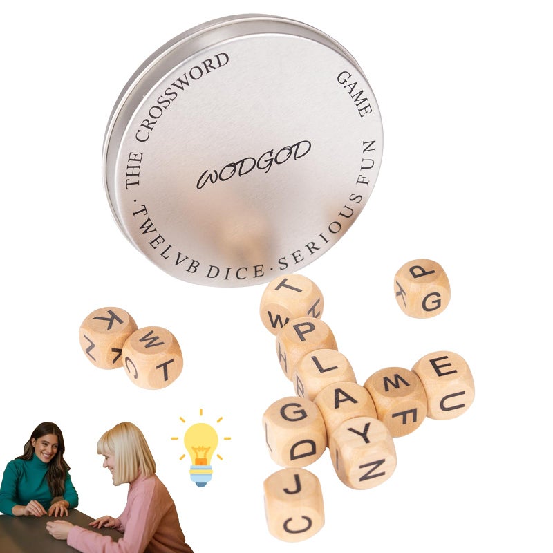 WodGod The Crossword GameClassical Game with 12 Dice Letters Wooden Letter Tiles Dice Games for CampingTravel Playing with Case White Elephant Gift Adults - Image 3