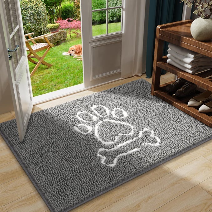 DOORMAT DOG CHENILLE DOORMATS INDOOR ENTRANCE GREY PET DOOR MATS WASHABLE FOR MUD ENTRY BUSY AREA DOGS MUDDY PAWPRINTS 36X24 INCH