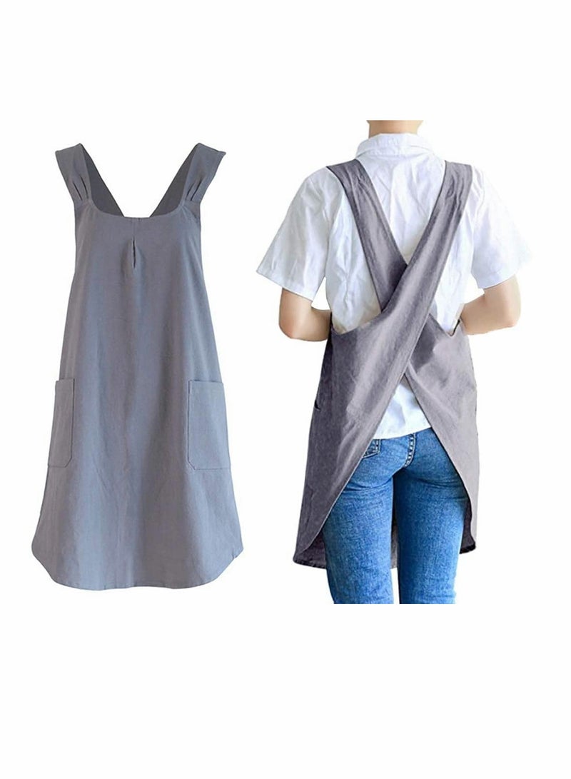 KASTWAVE Soft Cotton Linen Apron Cross Back X-Shaped Japanese Style Pinafore Dress for Cooking, Housewarming, Daily Chores (Grey) - Image 1