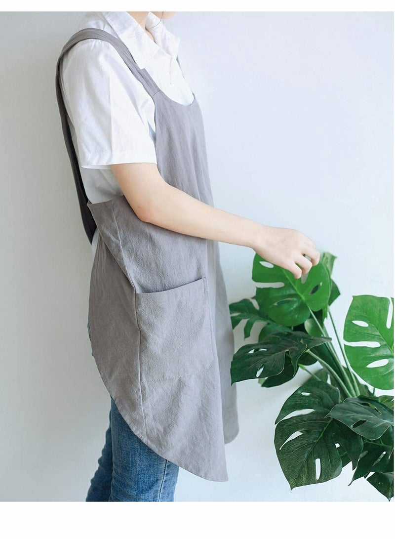 KASTWAVE Soft Cotton Linen Apron Cross Back X-Shaped Japanese Style Pinafore Dress for Cooking, Housewarming, Daily Chores (Grey) - Image 3