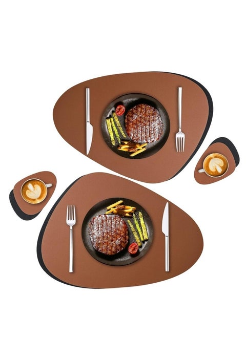 4 Pcs set Faux Leather Placemats and Coasters Set, Round Leather for Dinner Table Mats Heat Resistant Non-Slip Washable Insulation Coffee Mats Kitchen Place Mats Nordic Style Brown, 2 Placemats 2 Coasters