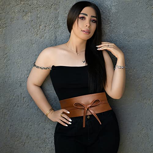 macoking Thick Brown Wide Obi Belts for Women Faux Leather Corset with Lace Up Wrap Style M - Image 2