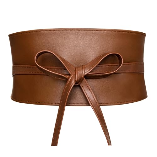 macoking Thick Brown Wide Obi Belts for Women Faux Leather Corset with Lace Up Wrap Style M - Image 1
