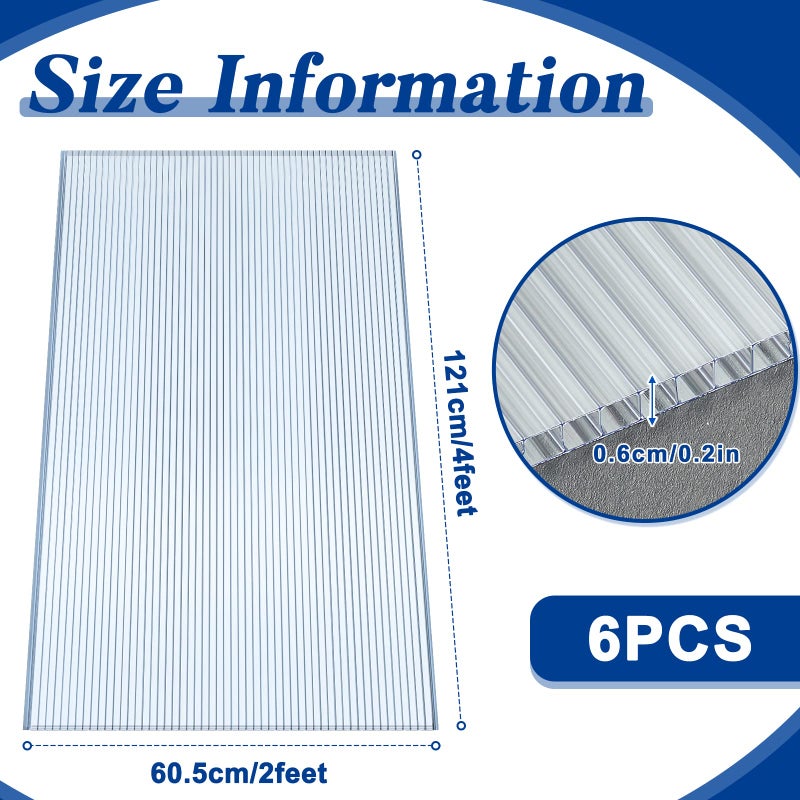 Hotop 6 Pcs Polycarbonate Greenhouse Panels Double Layer Polycarbonate Panels Waterproof UV Protected Sheet Corrugated Plastic Roof Greenhouse Replacement Cover (4' X 2' X 0.24") - Image 2