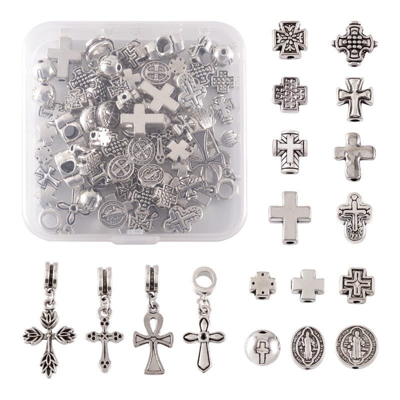 Craftdady 70pcs Tibetan Silver Crucifix Cross Beads Metal Cross Spacer Charms for Jewelry Crafts Making Hole 12mm