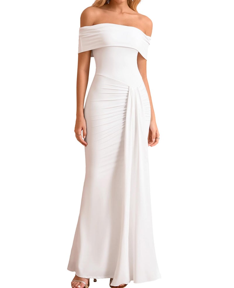 GLNEGE Off the Shoulder Formal Wedding Guest Maxi Dress for Women Fall Elegant Ruched Bodycon Cocktail Party Long Dresses White - Image 1