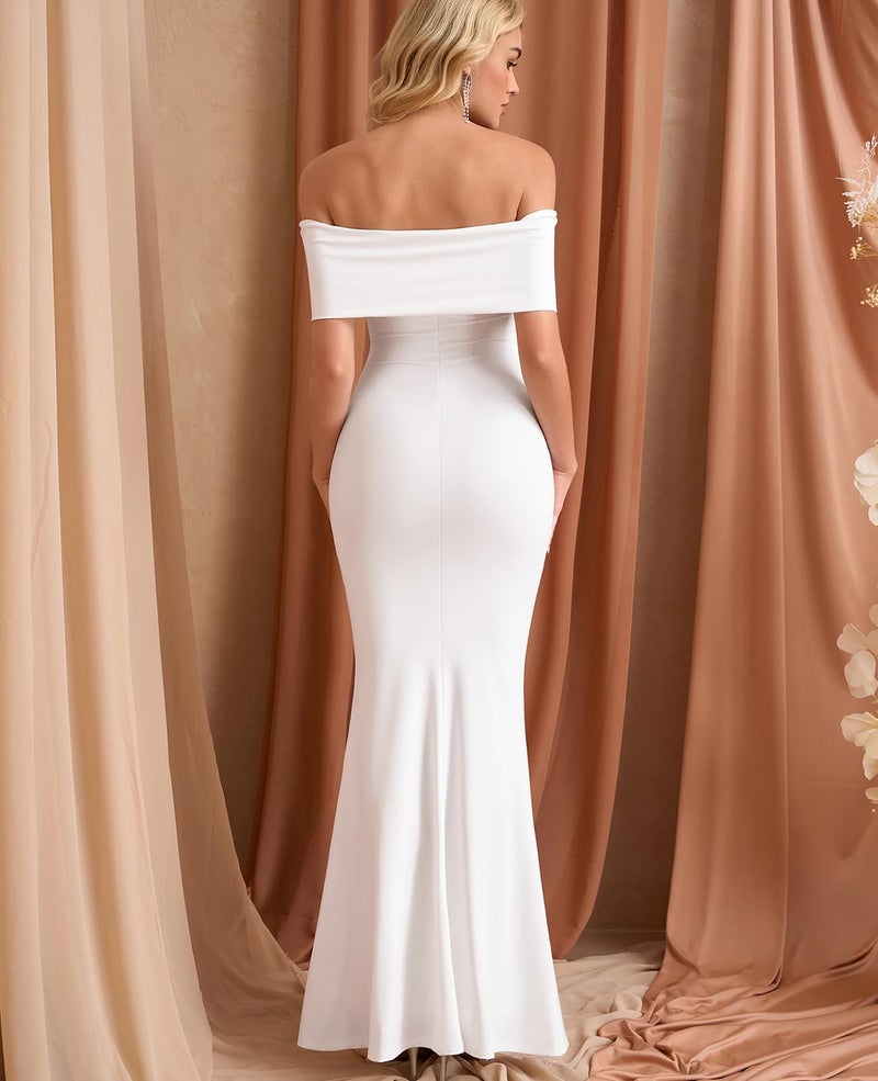 GLNEGE Off the Shoulder Formal Wedding Guest Maxi Dress for Women Fall Elegant Ruched Bodycon Cocktail Party Long Dresses White - Image 3