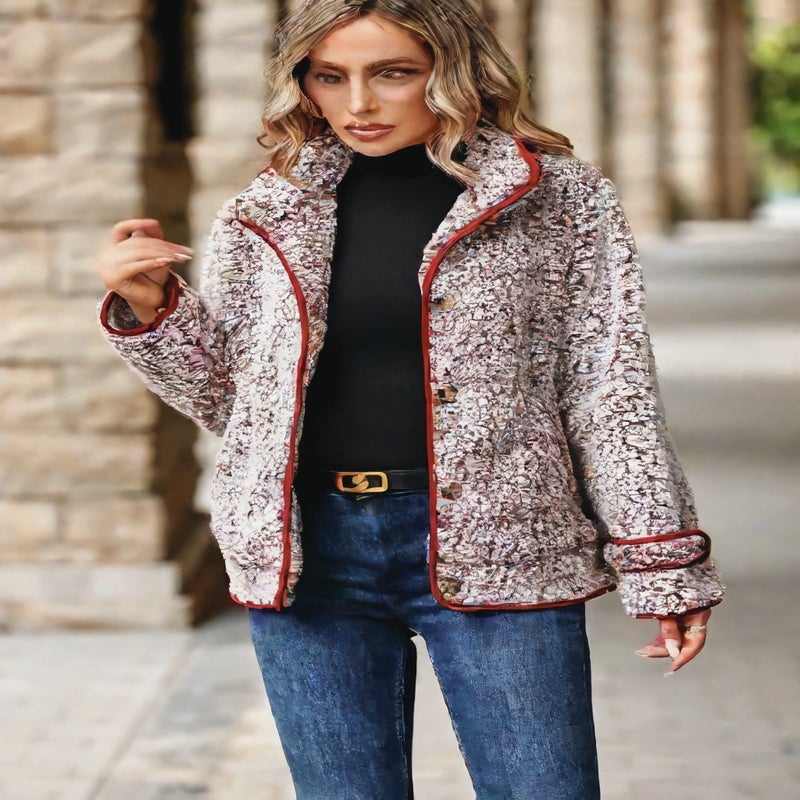 معطف فرو صناعي بياقة قلاب بأكمام طويلة وزر واحد - Image 3
