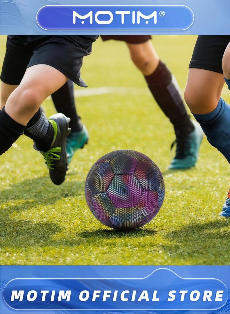 Motim Reflective Soccer Ball Size 5 Traditional Soccer Ball Official Match Ball Glow in the Dark Holographic Reflective Football for Night Games Unique Gift for Soccer Fans Boys Children Men - Image 2