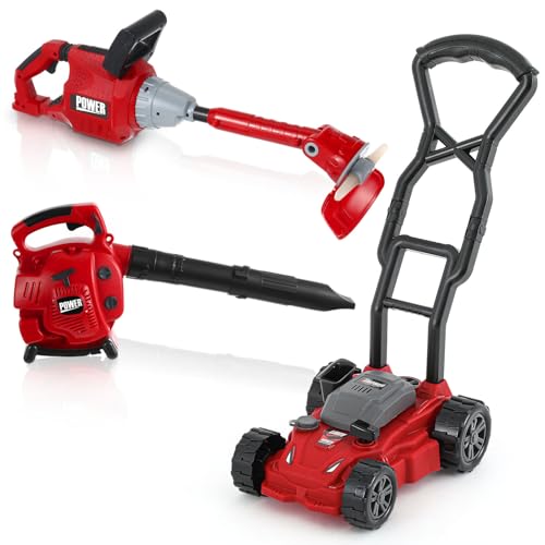 Arrowbash 3 Pcs Toy Gardening Tool Set for Kids Toy Leaf Blower Weed Trimmer Push Lawn Mower Pretend Play Set with Lights and Sounds Christmas Birthday Gifts for Boys Girls - Image 1