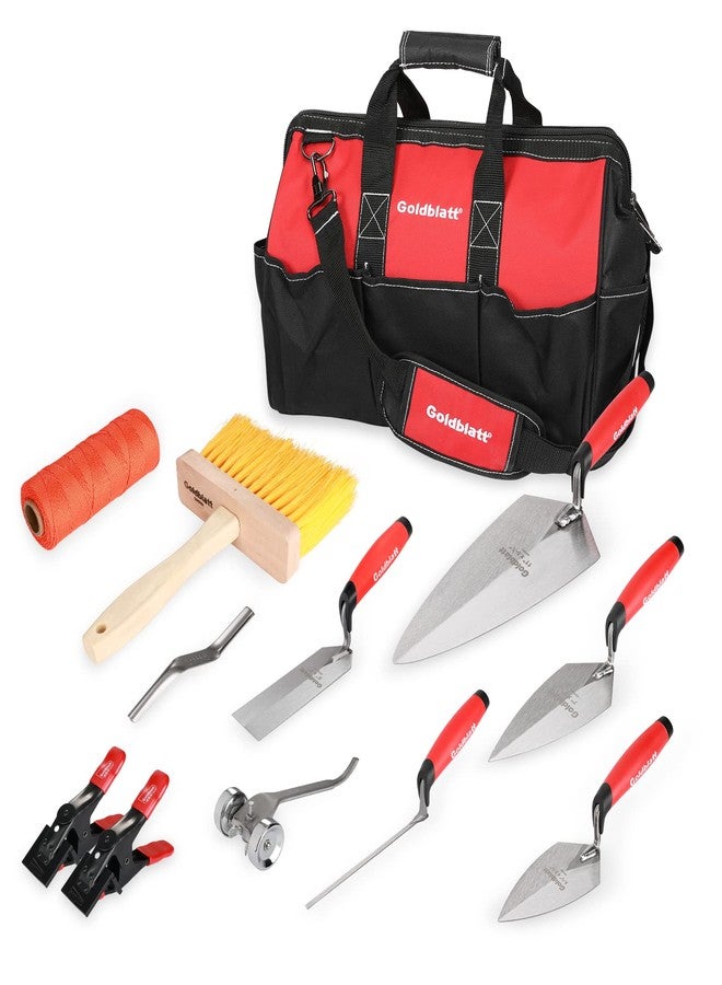 Goldblatt 12PC Masonry Hand Tool Set Organized in Tool Bag - Philadelphia/Pointing/Margin/Tuck Pointing Trowel, Skate Wheel Joint Raker, Convex Brick Jointer, String Line & Jag-clamp, Masonry Brush - Image 1
